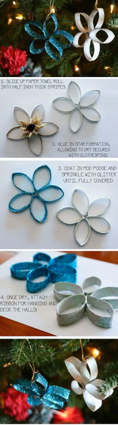 instructions to make an ornament for a christmas tree with ribbon and paper flowers