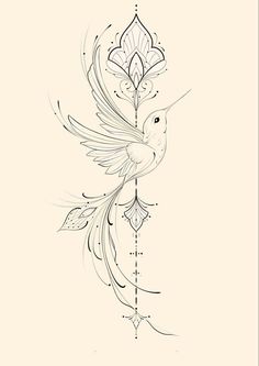 a drawing of a bird with flowers on it's back and wings in the air