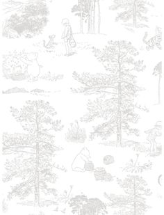 a wallpaper with winnie the pooh characters and trees on it, including an image of