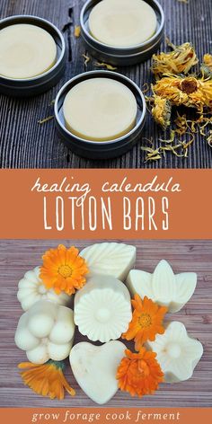 Lotion bars can be easily stored in small tins and kept in a purse or bag. They're perfect for everyday use, anywhere you are! Since calendula is well known for being great for the skin, these calendula bars are the perfect natural remedy for dry skin. These calendula lotion bars are easy to make, and make wonderful gifts. Click through to get the recipe for these homemade lotion bars! #calendula #lotion #diy #herbalism #naturalremedy #herbalmedicine Calendula Lotion, Remedy For Dry Skin, Lotion Diy, Cooking With Turmeric, Lotion Bars Diy, Homemade Lotion Bars, Lotion Bars Recipe, Pasta Dental