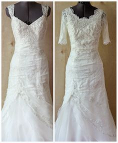 two pictures of the same wedding dress on mannequins, one in white