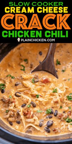 Slow Cooker Cream Cheese Crack Chicken Chili - this stuff is AMAZING! We've made it 3 times this month! We can't get enough of it!!! Chicken, corn, black beans, chicken broth, diced tomatoes and green chiles, cumin, chili powder, onion, ranch seasoning, bacon and cheddar cheese. We served the chili with some cornbread and Fritos. PERFECT! This is already on the menu again this weekend! YUM! #crockpot #slowcooker #chicken #chili Most Popular Crockpot Meals, Fall Weather Food Recipes, Chicken Black Beans Corn Cream Cheese Crockpot, Cheap Delicious Crockpot Meals, Crockpot Chicken And Black Beans, Chicken Chili Crock, Crockpot Recipes With Chicken Broth, Rainy Day Recipes Dinners Crock Pots, Beginner Cooking Recipes Dinners