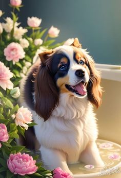 a brown and white dog sitting on top of a bath tub filled with pink flowers