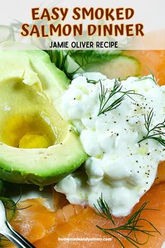 an easy smoked salmon dinner with cream cheese and avocado on the side is ready to be eaten