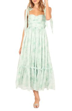 Graceful ties sway from the straps on this ethereal midi dress showcasing a gathered bodice and an open back. Back zip closure Sweetheart neck Adjustable tie straps Lined 100% polyester Hand wash, line dry Imported White And Green Dress, Pastel Green Dress, White Patterned Dress, Gathered Bodice, Bachelorette Dress, Grad Dresses, Green Midi Dress, Dance Dresses, Nordstrom Dresses