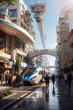 a blue and white train traveling down tracks next to tall buildings with people walking on the sidewalk