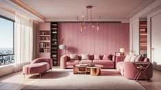 a living room with pink walls and furniture