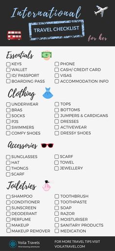 a travel checklist with the words international and other things to do in front of it