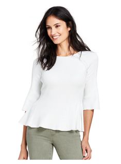 Lands'End Women's 3/4 Sleeve Flutter Sweater Color : White  Size : XS  item #491673  Fun and flirty This adorable pull-over sweater has a flirty, 3/4-length raglan style sleeves and hem. A classic boatneck neckline, all in a soft ribbed cotton blend. Features Easy, relaxed fit Boat neckline 3/4-length raglan sleeves Ruffled sleeves and hem Hits at hip 60% cotton/40% polyester. Machine wash. Imported White Stretch Top With 3/4 Sleeve, Stretch Half Sleeve Tops For Spring, Spring Stretch Half Sleeve Tops, Chic 3/4 Sleeve Spring Top, Feminine 3/4 Sleeve Tops For Fall, Feminine Fall Tops With 3/4 Sleeves, Spring Half Sleeve Stretch Tops, Casual White Bell Sleeve Tops, Chic White Bell Sleeve Top