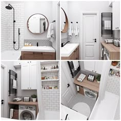 four different shots of a bathroom with white and wood accents