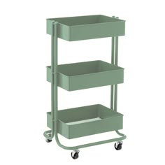 a green cart with three drawers on wheels