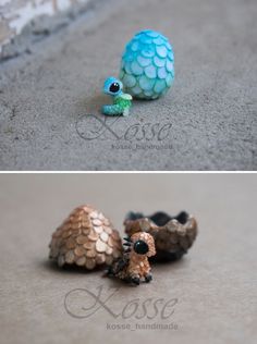 two pictures of small figurines on the ground and one has a turtle in it's shell