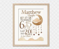 a birth print with a baby's birth date and stars on the moon in gold