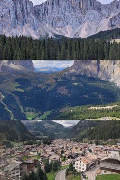 an aerial view of a mountain town with mountains in the background and trees on either side