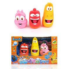 three toy toys in the shape of cartoon characters