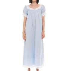 These cotton gowns for women from Alexander Del Rossa are comfortable, durable, and classy. Made from a premium 100% cotton fabric, this women's vintage looking nightgown is breathable and easy on the skin. Designed with you in mind, these Victorian nightgowns for women are perfect for lounging around the house - even when guests are present. Gathered short sleeves with wide lace cuff. Neckline trimmed with wide cotton lace above pintucks on front yoke. Front is gathered and features a long narr Cotton Nightgown With Short Sleeves For Overnight, Cotton Nightgown For Bedtime, Blue Cotton Nightgown For Spring, Cotton Sleepwear With Lace Trim For Bedtime, Blue Cotton Sleep Dress, Blue Spring Nightgown For Overnight, Blue Nightgown For Spring, Blue Cotton Sleepwear With Lace Trim, Cotton Dresses For Bedtime