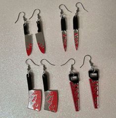 What's your favorite slasher??? Every horror fan needs these knife earrings. Choose from 3 different styles! Charms are approximately 1.5 inches long. *All of my pieces are handmade and unique; they may not be flawless -  NO REFUNDS, EXCHANGES OR RETURNS* Please message me with any questions or concerns about your order! Thank you for shopping with Fangirl's Closet <3 Scary Jewelry, Knife Earrings, Horror Earrings, Cute Skeleton, Shrinky Dink, Horror Halloween, Halloween Earrings, Halloween Jewelry, Skeleton