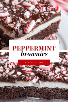 peppermint brownies with white chocolate and candy canes on top are shown