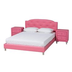 a pink bed with two nightstands next to it