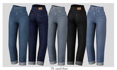 four pairs of jeans are shown in three different colors