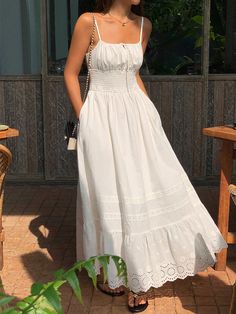 Embroidery Shift Shirred Long Dress Sleeveless White Sundress, Long Solid Sundress, Affordable White Embroidered Dresses, Lined Long Dress, Cheap Flowy Casual Tiered Dress, Affordable Flowy Casual Maxi Dress, Affordable Tiered Sleeveless Summer Dress, Off Shoulder White Cotton Dress, Cheap Casual Tiered Sundress