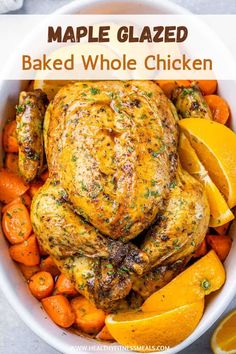 a white bowl filled with baked whole chicken and carrots