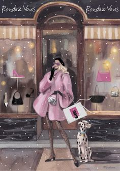 a painting of a woman talking on the phone while walking her dog in front of a store