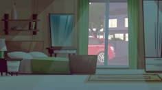 an animated view of a bedroom with a red car in the window and green curtains