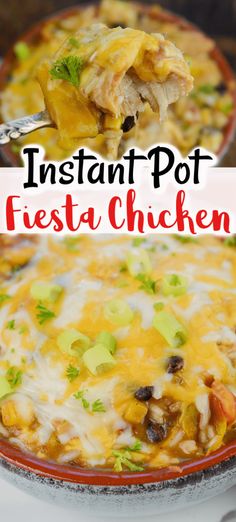 instant pot fiesta chicken recipe in a casserole dish with the title overlay