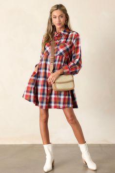 Gliding By 100% Cotton Red Multi Plaid Mini Dress Plaid Dresses, Plaid Mini Dress, Mini Dress Red, White Ankle Boots, Tan Handbags, Red Handbag, Red Dress Boutique, Red Mini Dress, Plaid Print