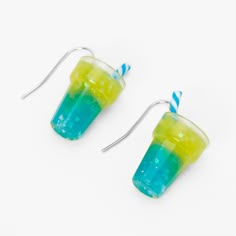 Cool people need cool drinks, and these earrings fit the bill. Even though you can't drink them, these drop earrings have tiny plastic cups filled with a glittery ombre beverage that glows in the dark and has a striped straw detail. Finish: Silver-tone Drop: 1" Closure: Fish hook Material: Plastic - Claire's Blue & Yellow Glow In The Dark Beverage 1" Drop Earrings Dark Earrings, Teardrop Jewelry, Rose Gold Pearl, Crystal Cross, Neon Rainbow, Heart Drop Earrings, Slushies, Silver Drop Earrings, Rose Gold Earrings