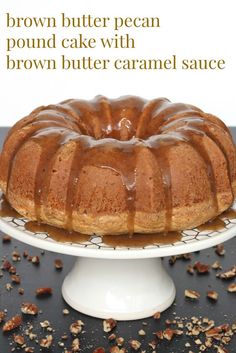 a bundt cake with caramel drizzle on top sitting on a plate