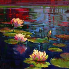 painting of water lilies and lily pads in a pond