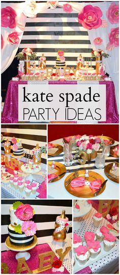 a collage of photos with pink and gold decorations on it, including cake, cupcakes, and other items