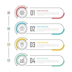 four steps with numbers and icons for infos, presentations or webpages on white background