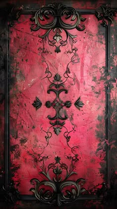 a red and black background with an ornate frame