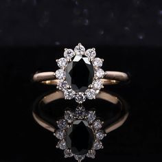 This beautiful ring comes with a center round shape 1.53ct natural Black Diamond enclosed by 12 round - shape Natural diamonds.  It is a perfect choice for those who are looking for a dainty engagement ring in 9k/14k/18k Yellow, Rose, White Gold or Platinum. It is also a great gift for Christmas, Valentine's day, birthday, anniversary or for celebration for any special occasion. ✯✯ Free UK and USA shipping ✯✯ ✯ ✯ No Custom Charges for USA orders ✯✯  MADE TO ORDER  Please allow 1-2 weeks to make Black Diamond Cluster Ring, Dainty Diamond Engagement Ring, Dainty Engagement, Dainty Engagement Rings, Engagement Ring For Her, Ring Halo, Black Diamond Ring Engagement, Black Diamond Ring, Diamond Cluster Ring