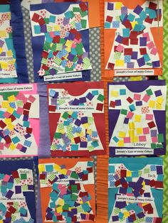 several pieces of paper with different colors and patterns on them, all made up of squares