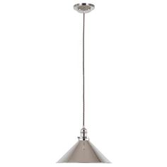 an industrial style pendant light fixture with a metal cone and chain hanging from the ceiling