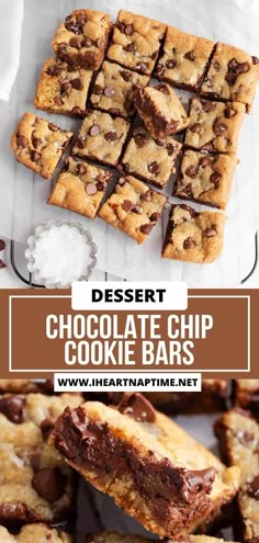 chocolate chip cookie bars stacked on top of each other with text overlay that reads dessert chocolate chip cookie bars