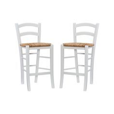 two white wooden stools with woven seat cushions on each side, against a white background