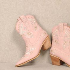 Introducing Our Corral Botanical Embroidered Cowgirl Booties! These Light Pink Booties Are Cute, Playful, And Perfect For Any Cowgirl Looking To Add A Touch Of Whimsy To Their Outfit. Let These Booties Be Your Go-To Statement Piece. Yee-Haw! True To Size Floral Embroidered Boots For Spring Festival, Floral Embroidery Boots For Spring Festival, Embroidered Boots For Spring Festivals, Spring Festival Embroidered Boots, Pink Ankle Boots For Summer, Summer Pink Ankle Boots, Feminine Pink Boots For Spring, Embroidered Western Summer Boots, Western Embroidered Boots For Summer