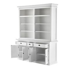 a white bookcase with two doors and drawers