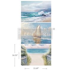 three pictures of the ocean with sailboats on them