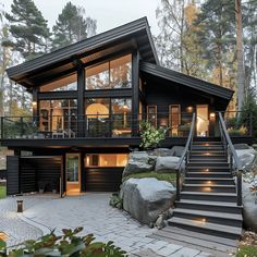 a large black house surrounded by trees and rocks