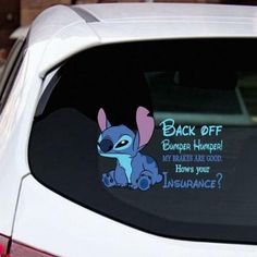 the back window of a car that has an image of stitched into it with words on it