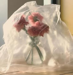 a clear plastic bag with flowers in it