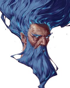 the head and shoulders of a man with long blue hair, wearing an evil look