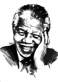 a black and white drawing of a smiling man with his hands to his face,