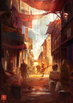 a painting of people walking through an alley